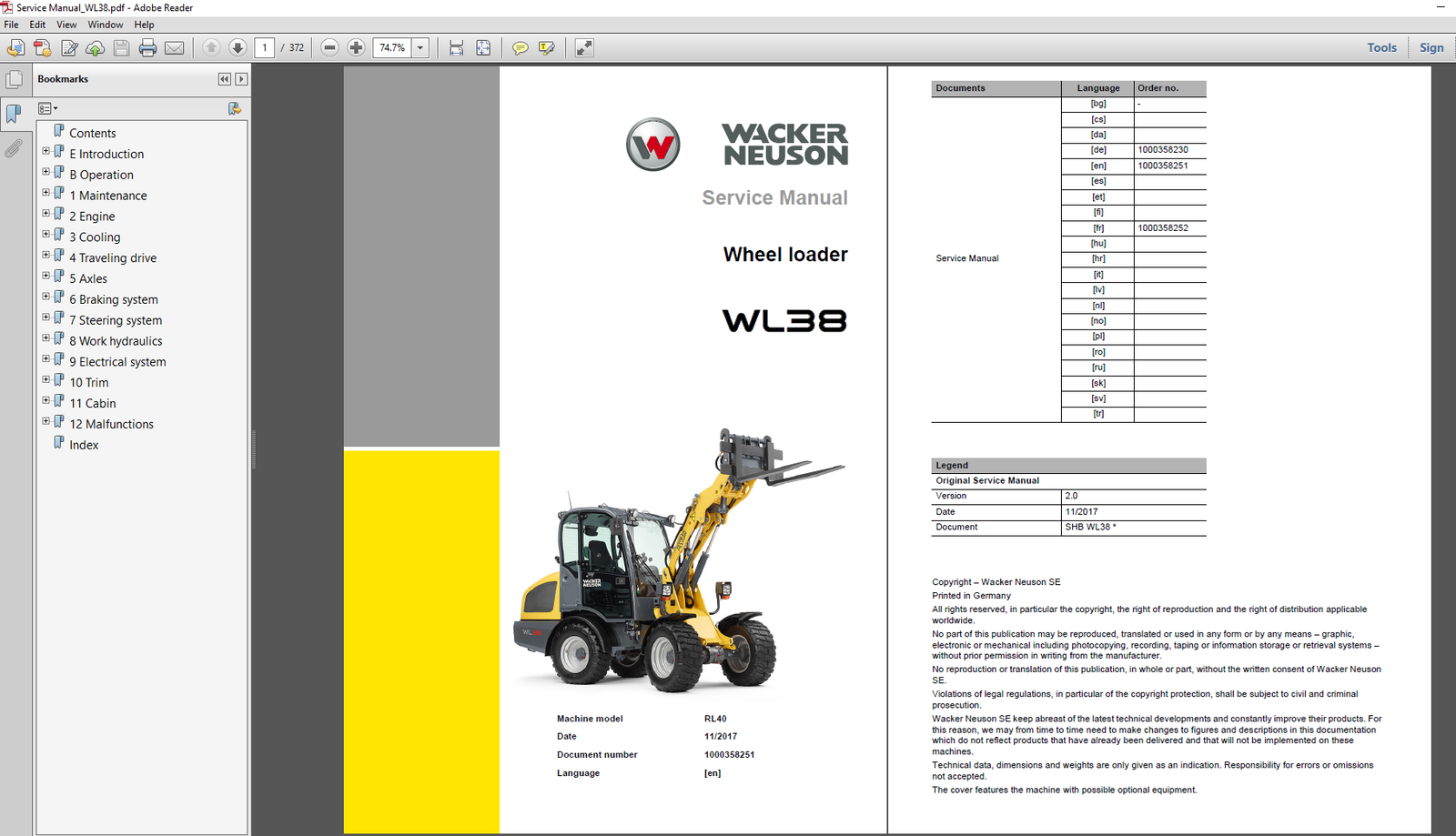 Wacker Neuson WL38 Wheel Loader Service Repair Manual cover featuring the loader and technical illustrations