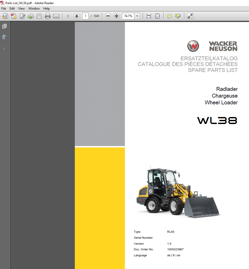 Parts manual for Wacker Neuson WL38 Wheel Loader, showcasing diagrams and specifications for efficient servicing
