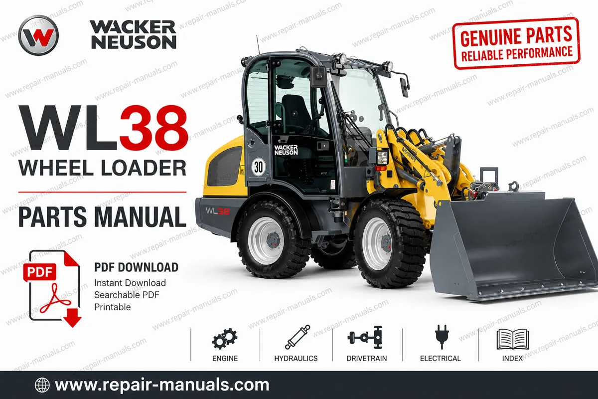 Wacker Neuson WL38 Wheel Loader Parts Manual cover featuring detailed diagrams and part listings for maintenance and repair