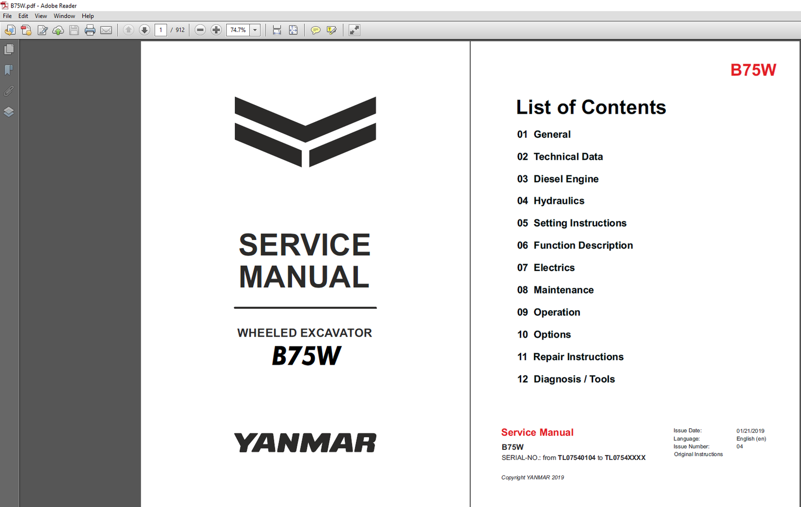 Yanmar B75W Wheel Excavator Service Manual cover, highlighting repair guidelines and technical specifications