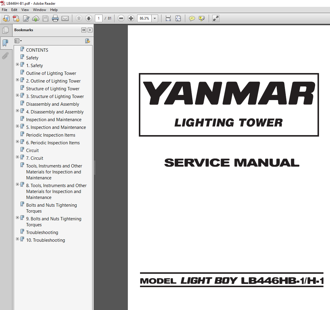 Yanmar LB446H-1 Light Tower Service Repair Manual cover featuring technical illustrations and detailed repair instructions