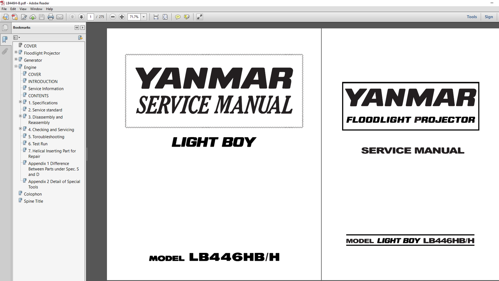 Yanmar LB446H Foodlight Projector Service Repair Manual cover featuring technical illustrations and detailed instructions