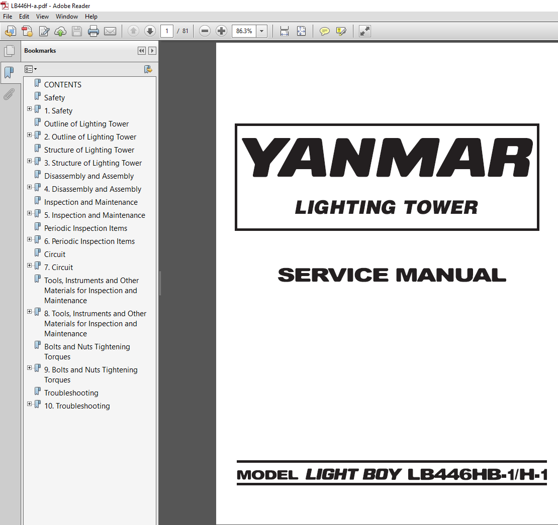 Yanmar LB446HB-1 Light Tower Service Repair Manual cover featuring technical illustrations and detailed repair instructions