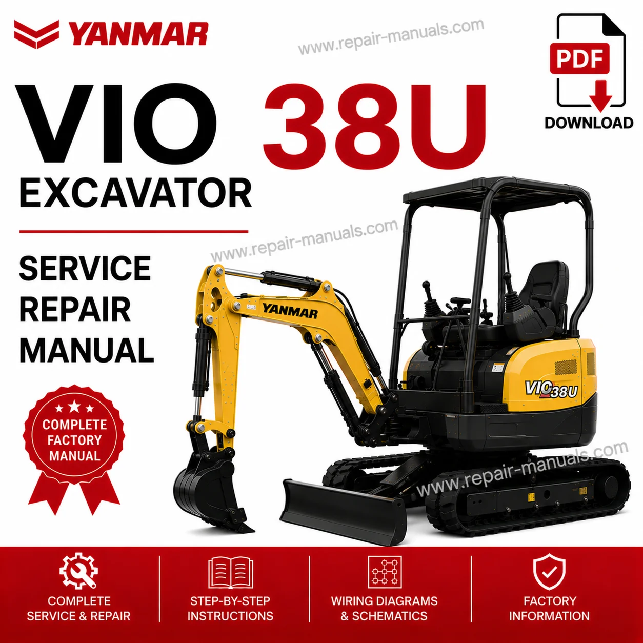 Yanmar VIO 38U Excavator Service Repair Manual cover featuring the model and technical illustrations for maintenance guidance