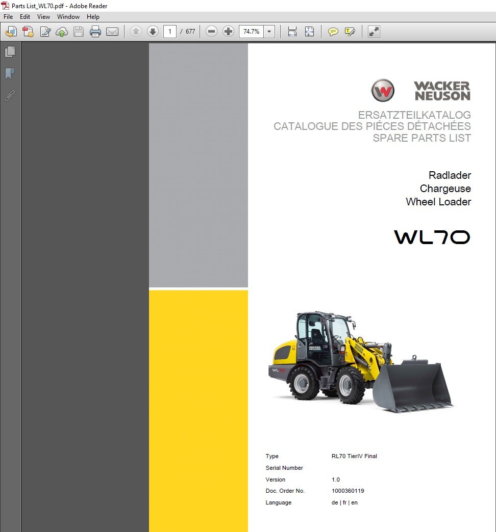 Parts manual for Wacker Neuson WL70 Wheel Loader, showing detailed diagrams and component listings