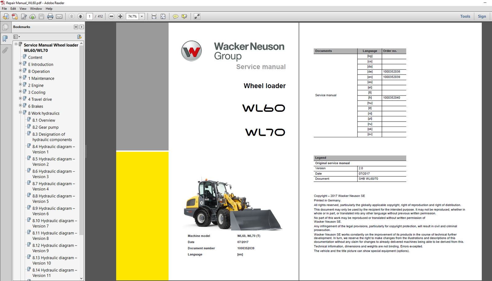 Wacker Neuson WL60 Wheel Loader Service Manual cover with images of the loader and essential repair information