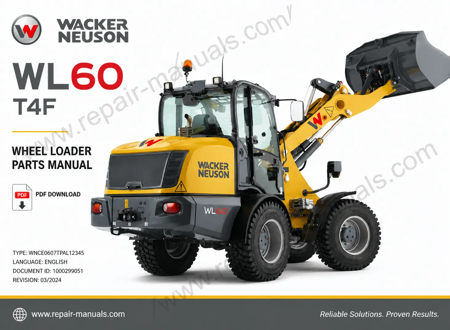 Parts manual for Wacker Neuson WL60 T4F Wheel Loader, displaying the loader and detailed component information