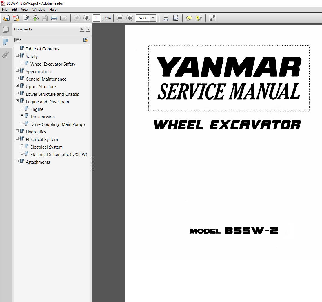 Service repair manual for Yanmar B55W-2 Wheel Excavator, showcasing detailed diagrams and maintenance instructions