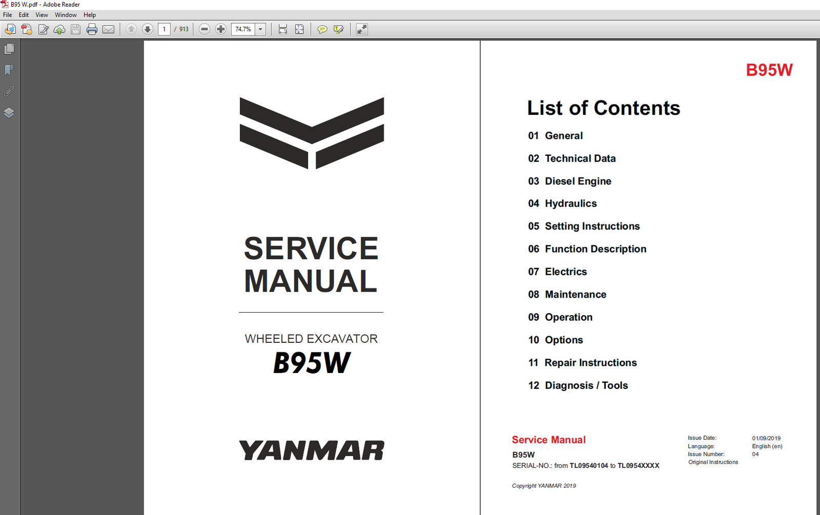 Yanmar B95W Wheel Excavator Service Repair Manual PDF download cover image with wheel excavator illustration and factory workshop repair information