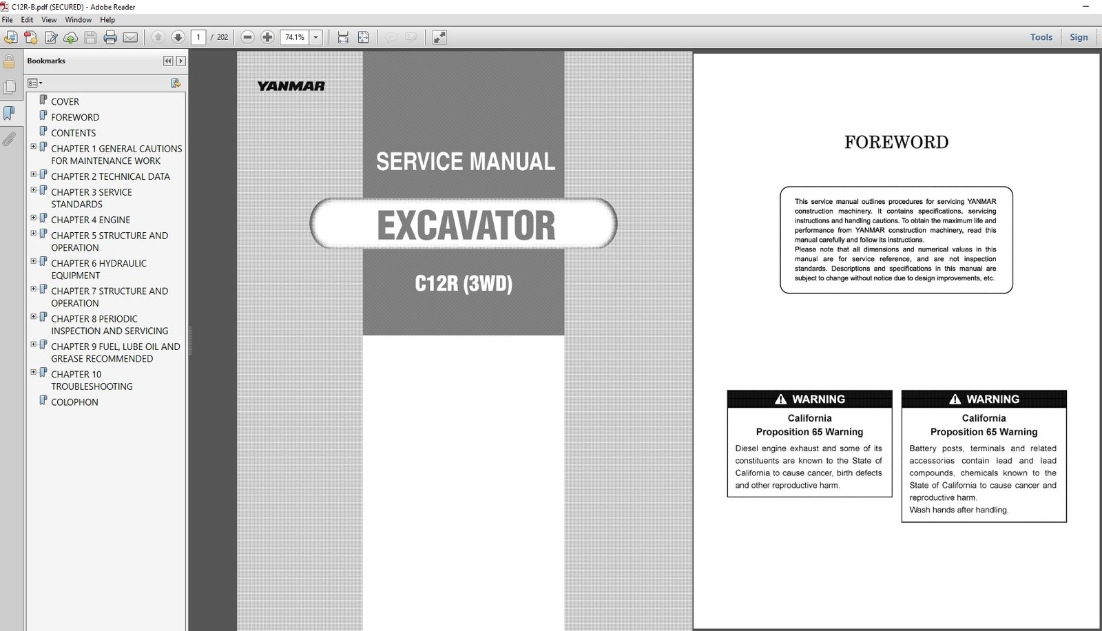 Yanmar C12R (3WD) Excavator Service Manual cover, displaying the model and essential repair information