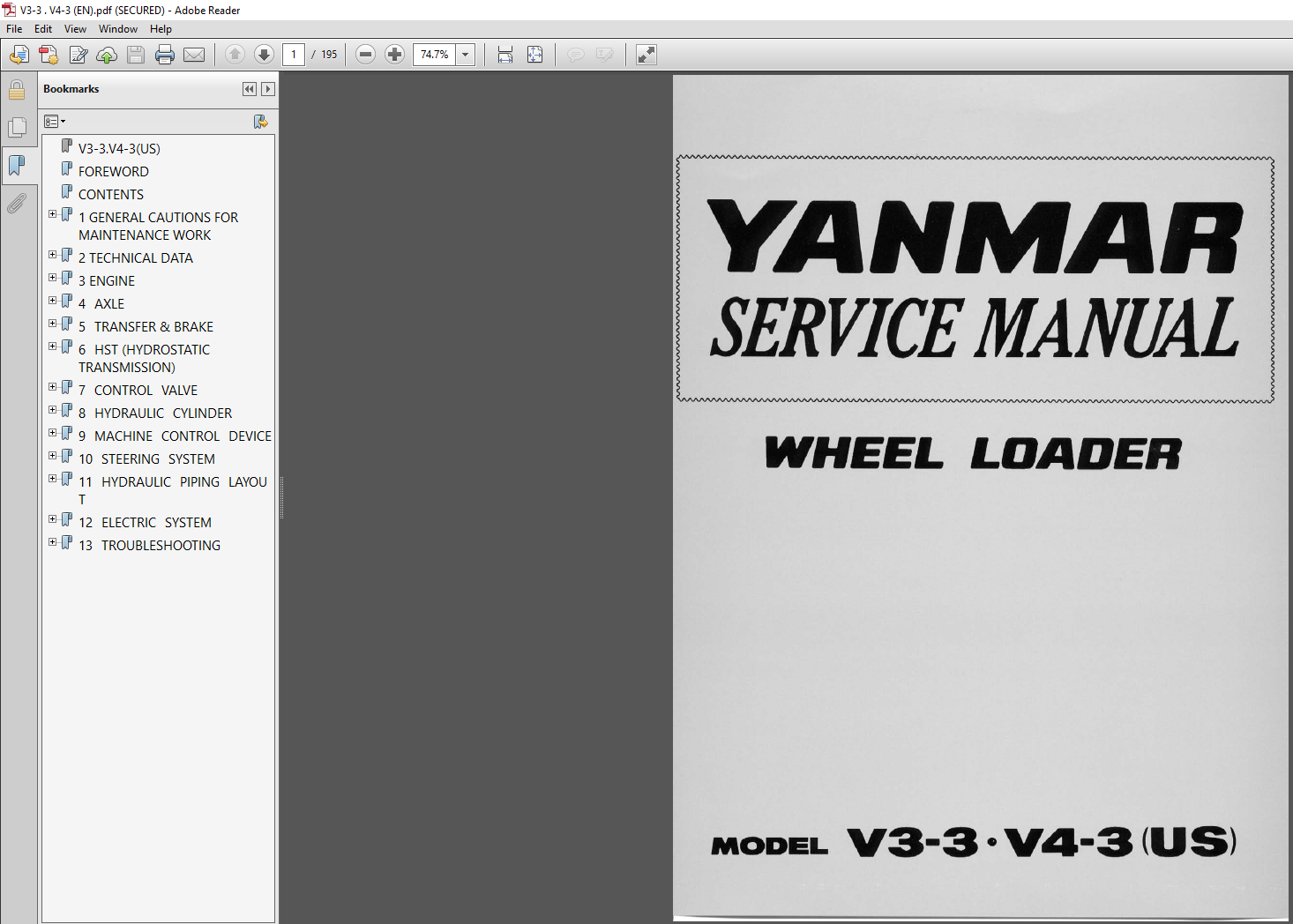Yanmar V3-3 Wheel Loader Service Manual cover with detailed images and repair guidelines for maintenance
