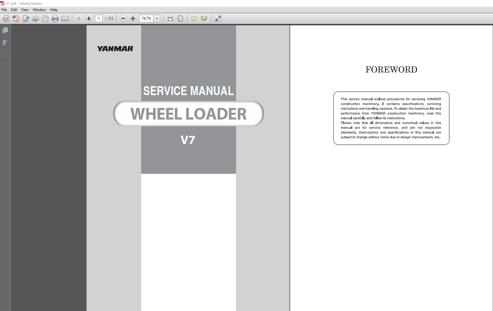 Yanmar V7 Wheel Loader Service Repair Manual PDF download cover image with wheel loader illustration and factory workshop repair information