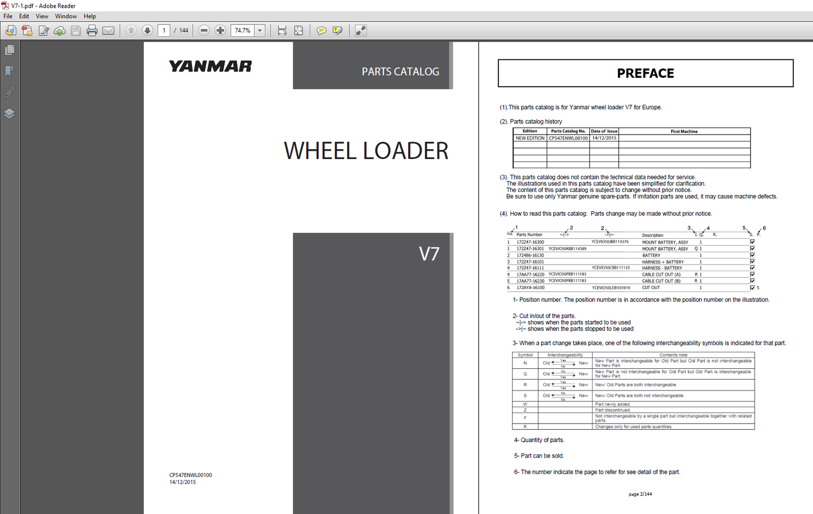 Yanmar V7 Wheel Loader Parts Manual, showcasing parts diagrams and essential maintenance information