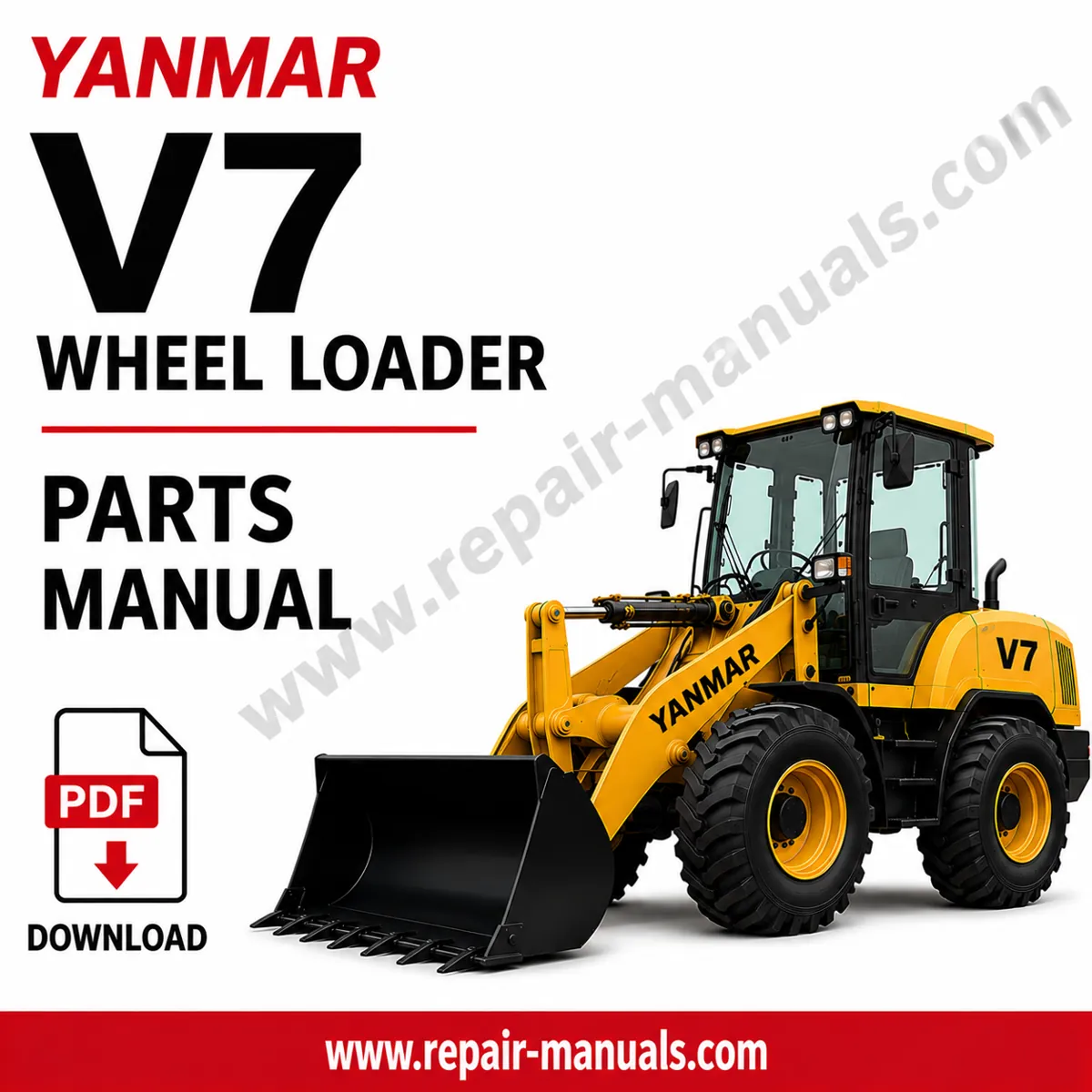Yanmar V7 Wheel Loader Parts Manual cover featuring detailed diagrams and parts listings for maintenance and repairs
