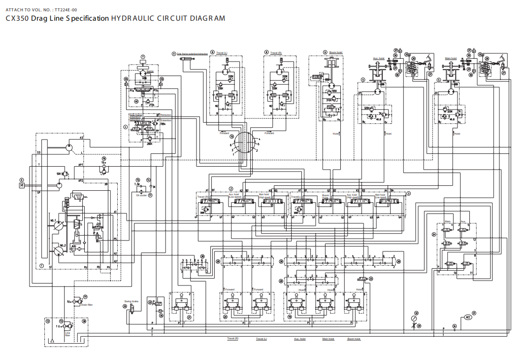 Hitachi CX350 Dragline Hydraulic Circuit Diagram PDF factory hydraulic schematic showing main hoist, auxiliary hoist, boom hoist, swing, travel, and side frame hydraulic circuits.