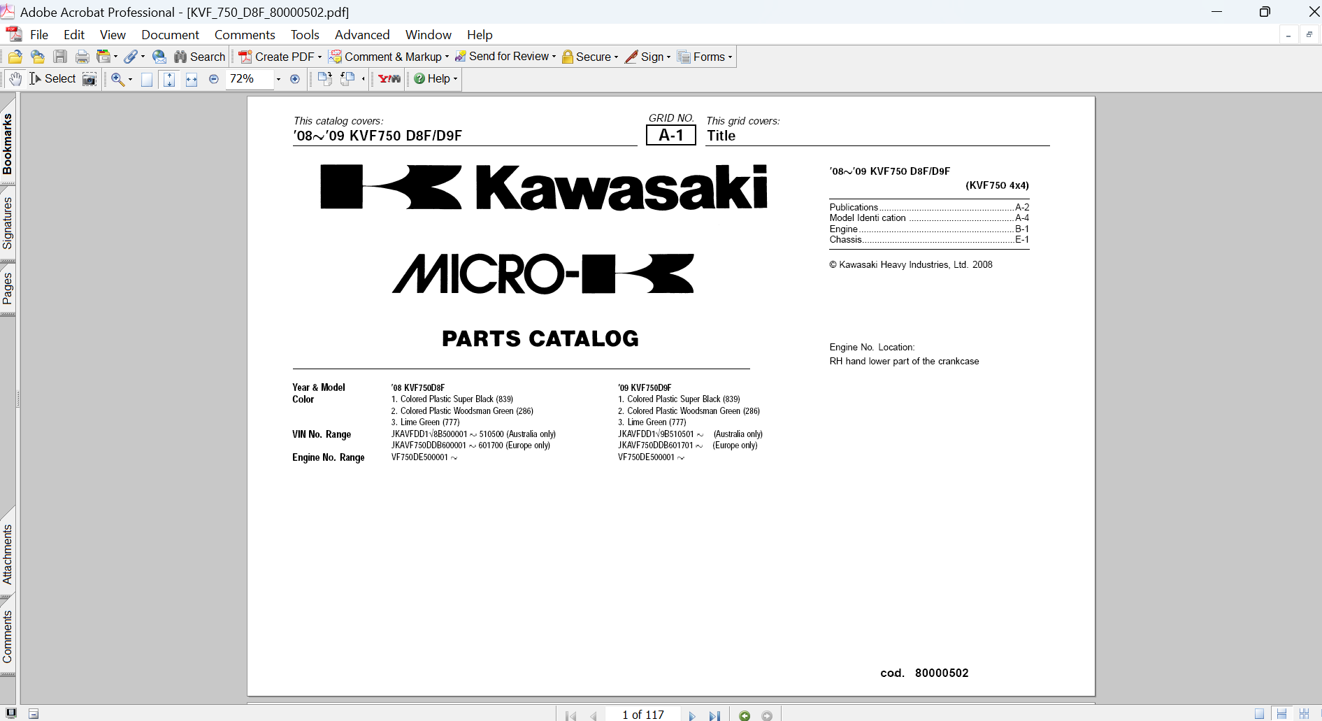 2008-2009 Kawasaki KVF750 Brute Force 750 4x4 OEM Parts Catalog Manual PDF