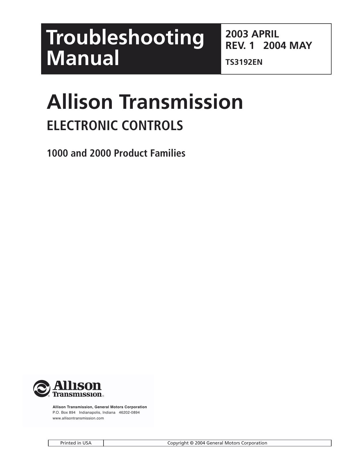 Allison 1000 and 2000 Product Families Electronic Controls Troubleshooting Manual PDF