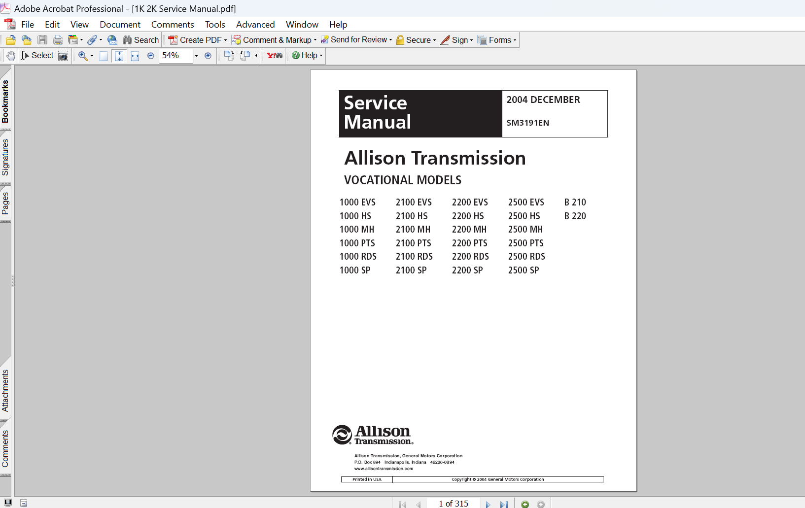 Allison 1000 and 2000 Series Vocational Transmission Service Repair Manual SM3191EN PDF