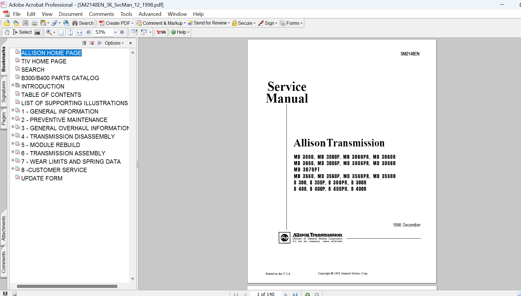 Allison MD3060 MD3066 MD3560 B300 B400 Transmission Service Repair Manual PDF