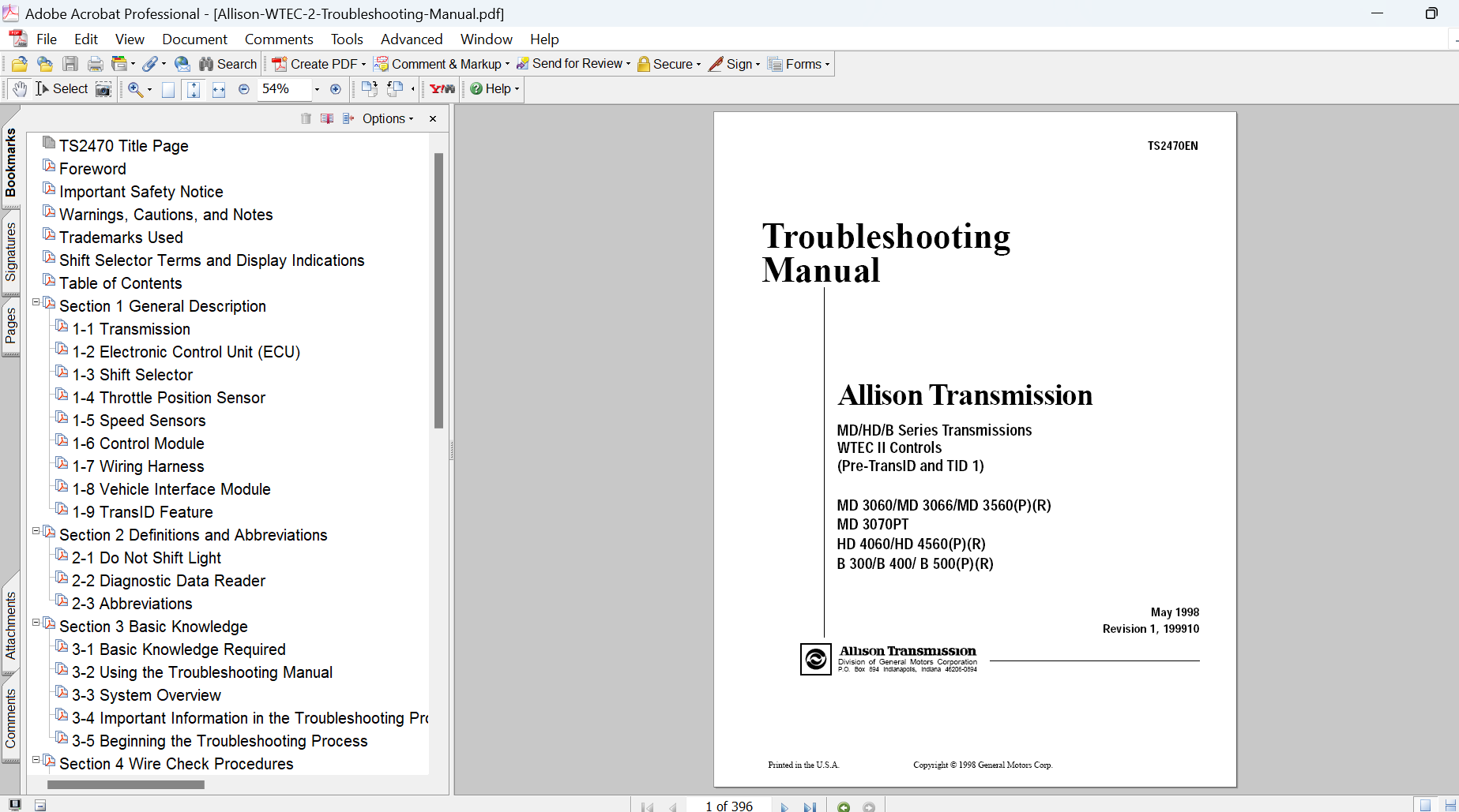 Allison WTEC II Controls Troubleshooting Manual TS2470EN PDF for MD HD and B Series Transmissions