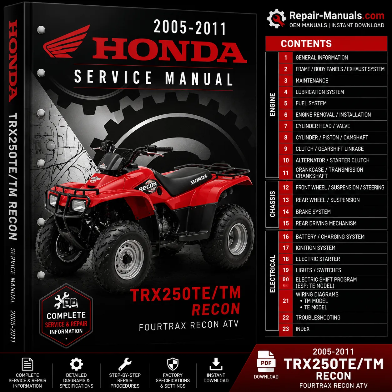 2005-2011 Honda TRX250TE TRX250TM Recon Factory Service Repair Manual PDF