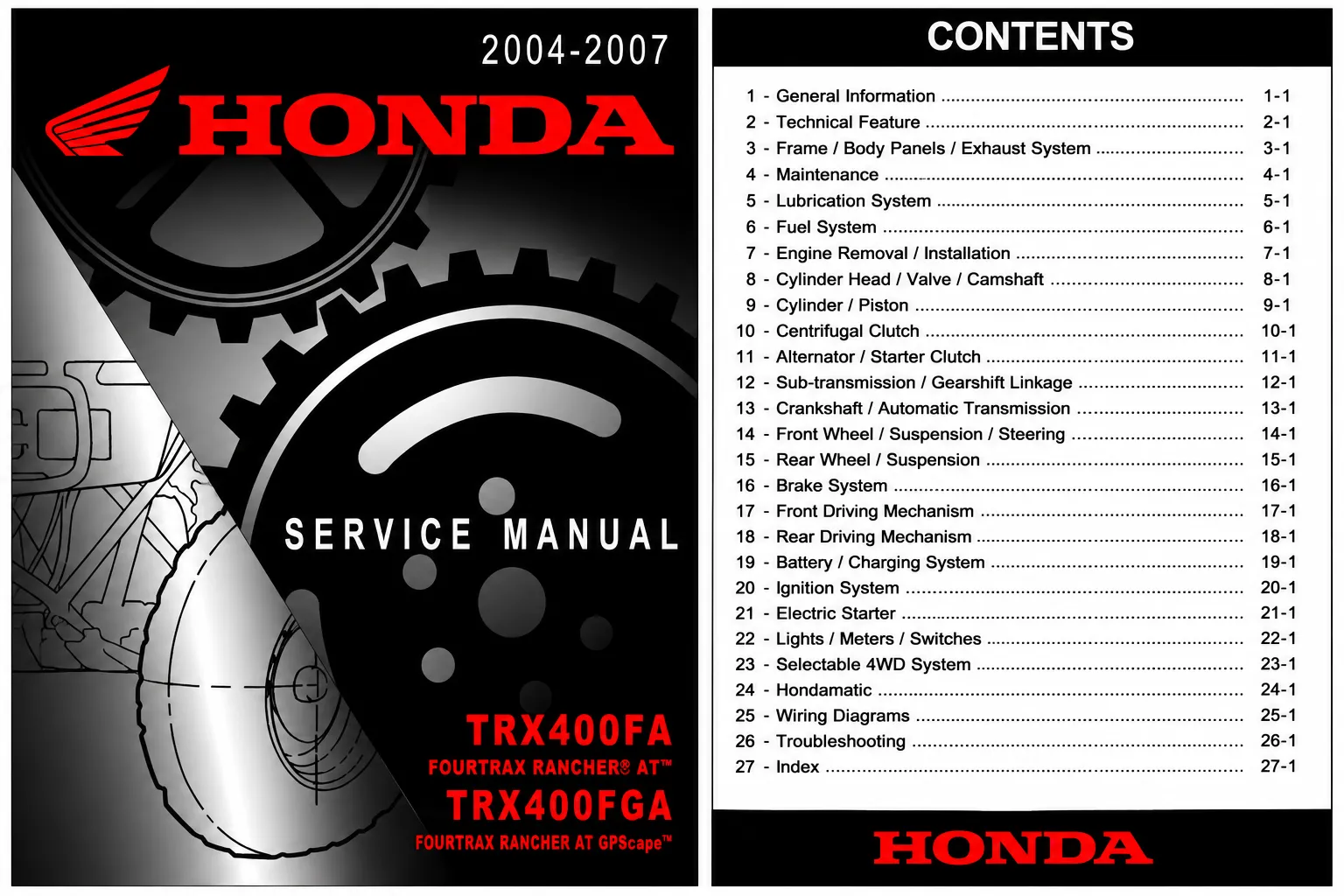 2004-2007 Honda TRX400FA TRX400FGA FourTrax Rancher AT Service Repair Manual PDF