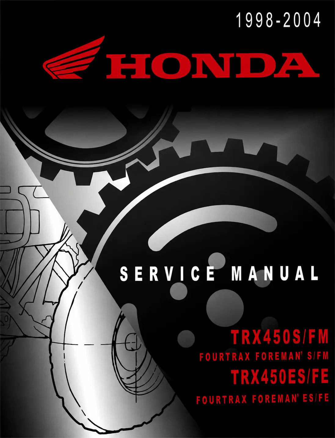 1998-2004 Honda TRX450 Foreman Factory Service Repair Manual PDF Download featuring Repair-Manuals.com branding for TRX450S FM and TRX450ES FE ATV models.