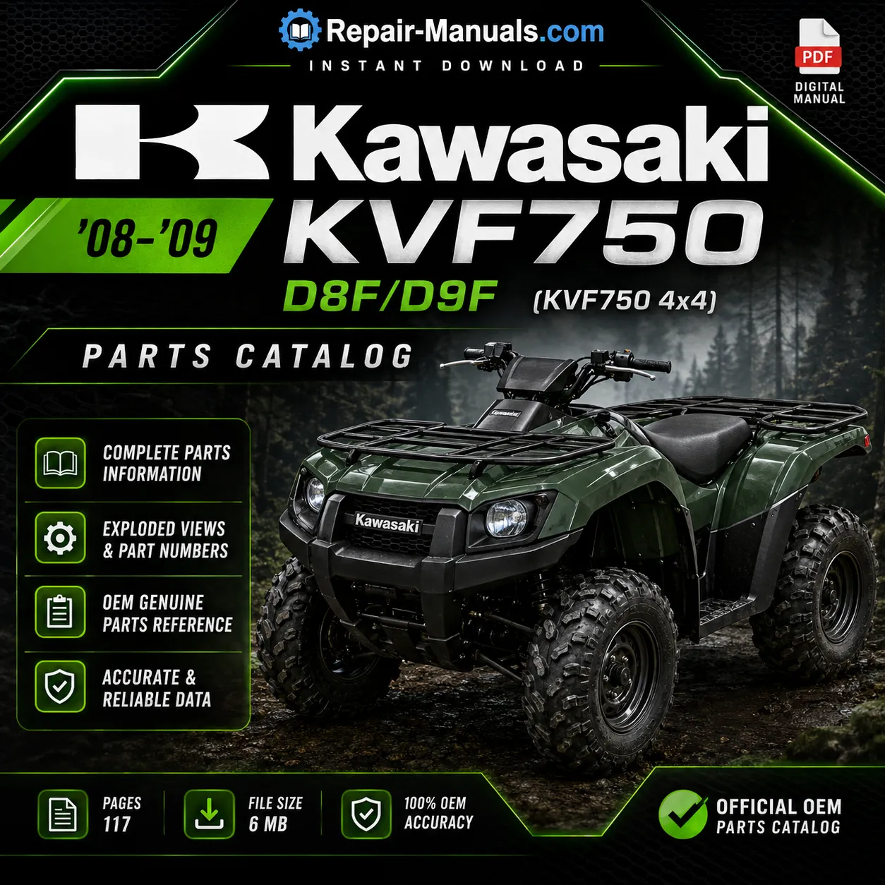 2008-2009 Kawasaki KVF750 Brute Force 750 4x4 OEM Parts Catalog Manual PDF
