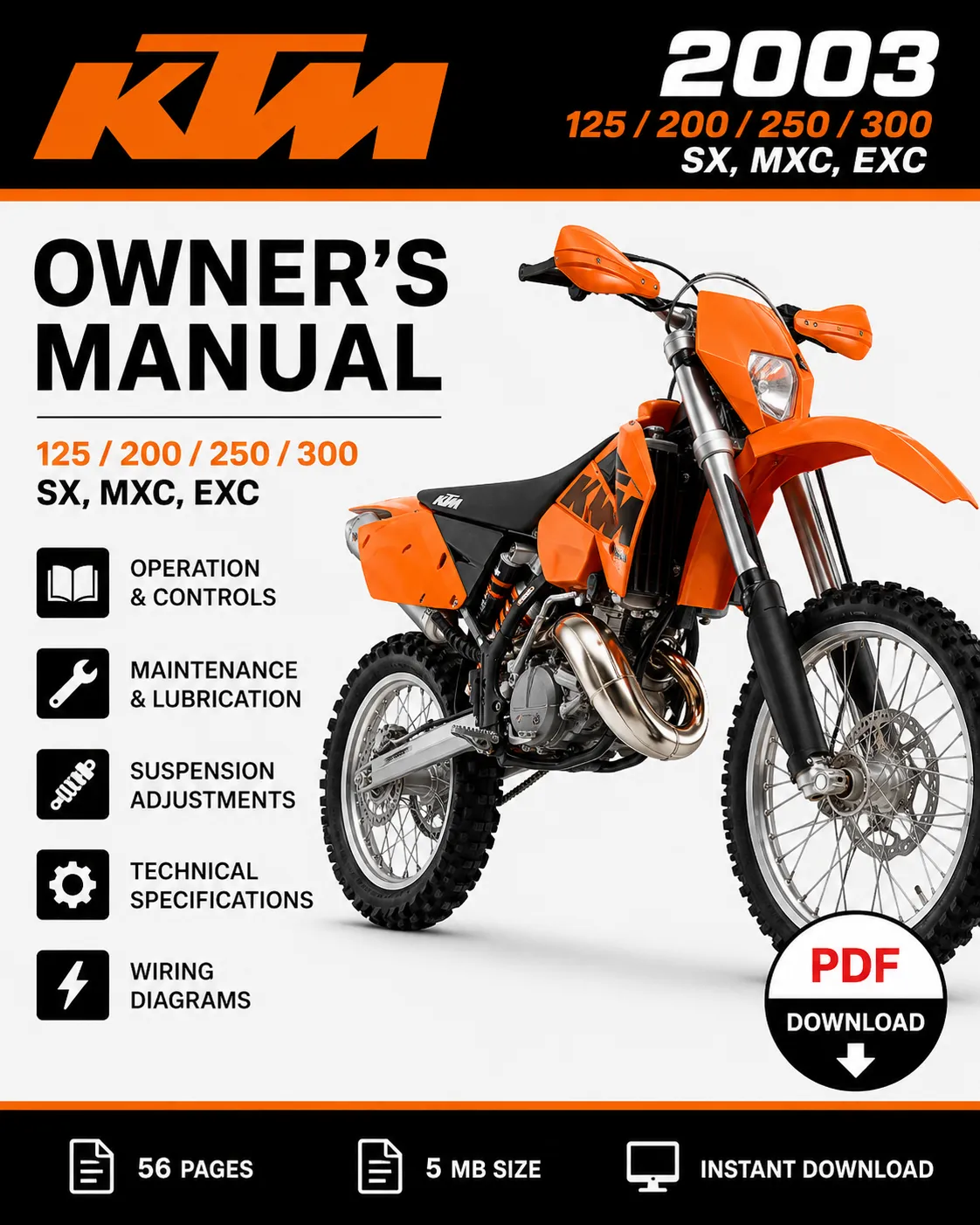 2003 KTM 125 200 250 300 SX MXC EXC Owner's Manual PDF