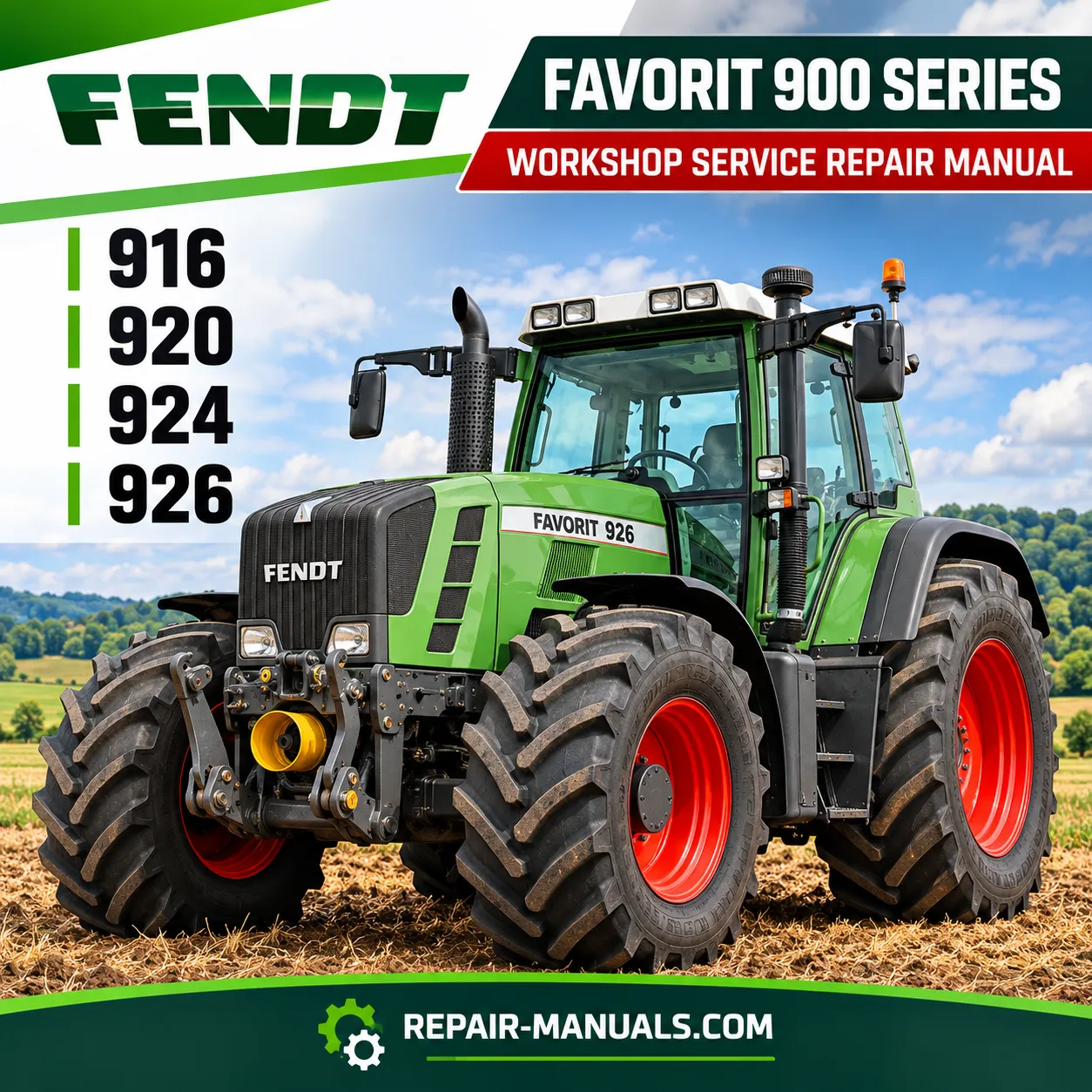 Fendt Favorit 926 green tractor on workshop repair manual cover for Favorit 900 Series models 916 920 924 and 926