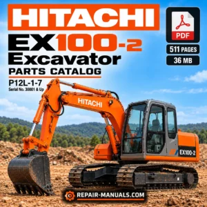 Hitachi EX100-2 excavator parts catalog P12L-1-7 product cover featuring an orange tracked Hitachi excavator