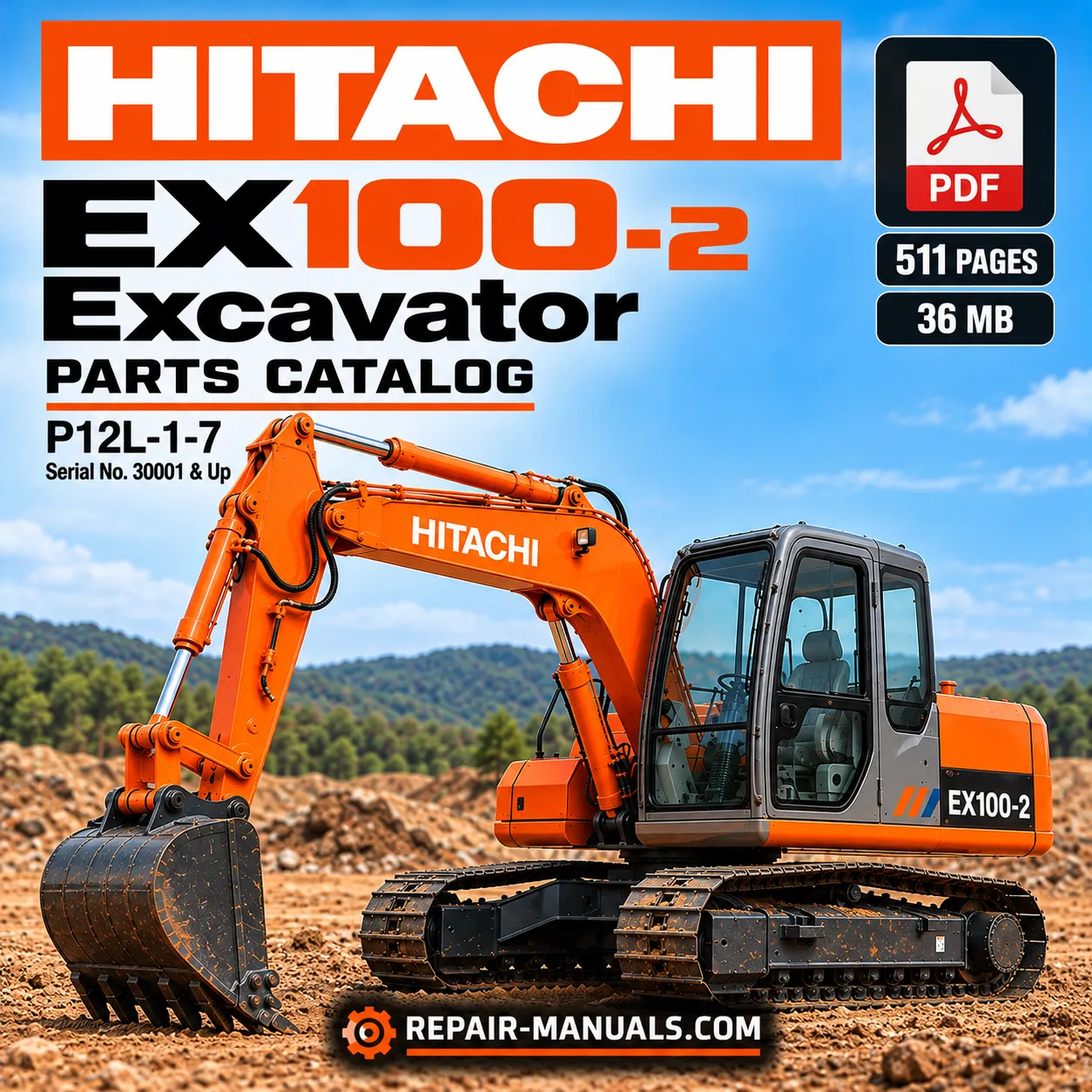 Hitachi EX100-2 excavator parts catalog P12L-1-7 product cover featuring an orange tracked Hitachi excavator
