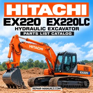 Hitachi EX220 and EX220LC hydraulic excavator parts list catalog PDF cover featuring an orange Hitachi tracked excavator