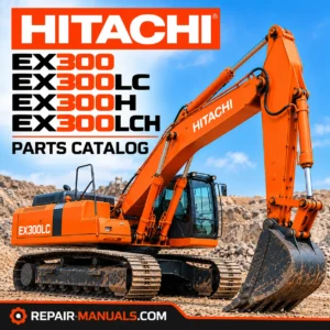 Hitachi EX300, EX300LC, EX300H and EX300LCH hydraulic excavator parts catalog cover featuring an orange Hitachi crawler excavator