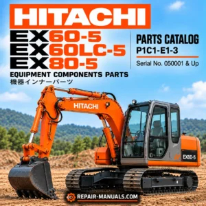 Hitachi EX60-5, EX60LC-5 and EX80-5 excavator equipment components parts catalog P1C1-E1-3 cover with orange Hitachi excavator