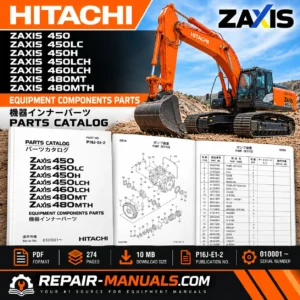 Download Hitachi ZAXIS 450, 450LC, 450H, 450LCH, 460LCH, 480MT & 480MTH Equipment Components Parts Catalog PDF. Publication P16J-EI-2, 274 pages.