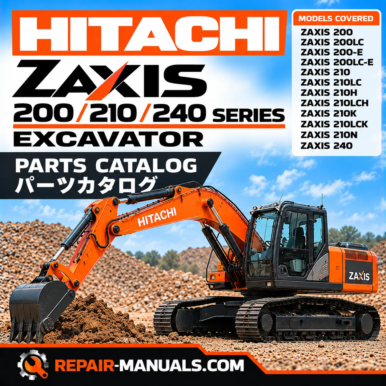 Download Hitachi ZAXIS 200, 210 & 240 Excavator Parts Catalog PDF. 872 pages of illustrated parts diagrams and part numbers. Publication PIG6-1-7.