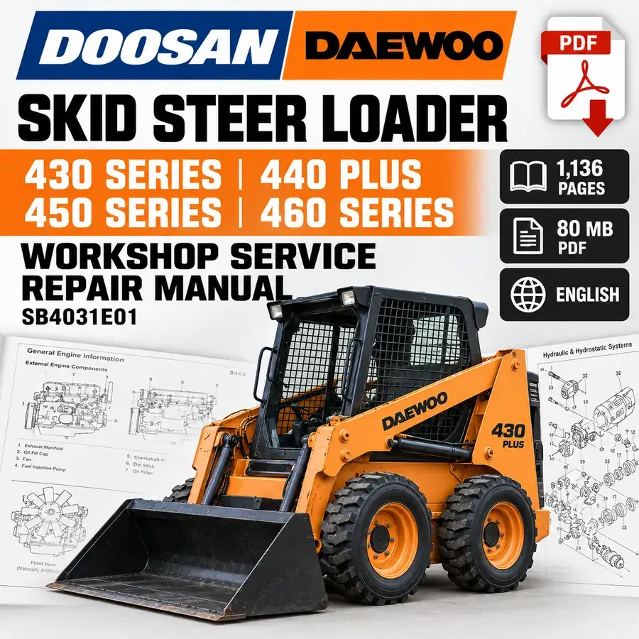 Doosan Daewoo 430 Series, 440 Plus, 450 Series and 460 Series skid steer loader workshop service repair manual PDF cover