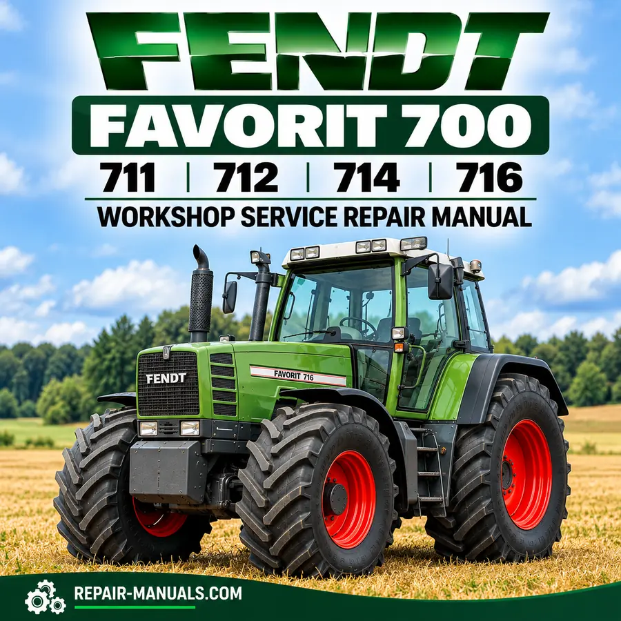 Fendt Favorit 700 tractor workshop service repair manual PDF for models 711, 712, 714 and 716 featuring green Fendt tractor