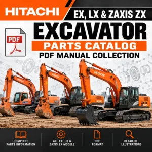 Hitachi EX, LX and ZAXIS ZX excavator parts catalog PDF manual collection cover featuring orange Hitachi excavators