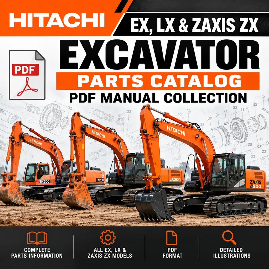 Hitachi EX, LX and ZAXIS ZX excavator parts catalog PDF manual collection cover featuring orange Hitachi excavators