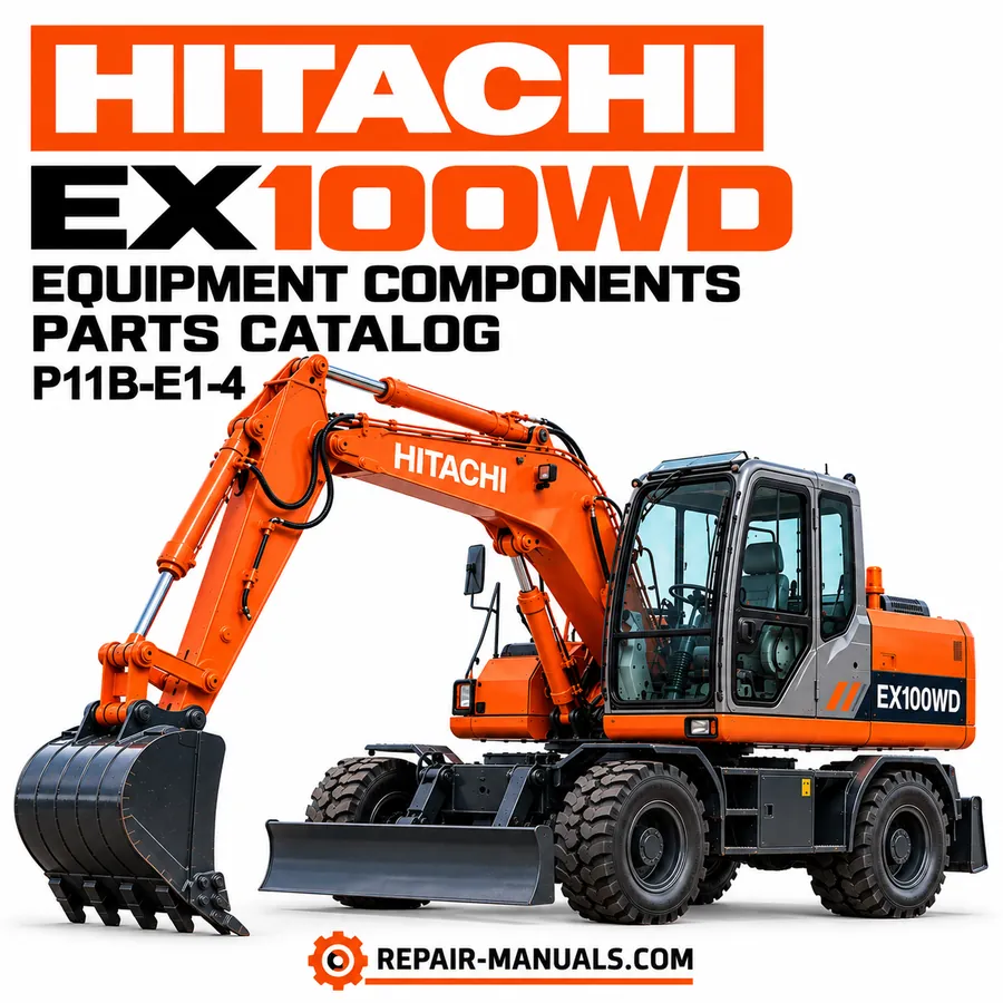 Hitachi EX100WD wheeled excavator equipment components parts catalog P11B-E1-4 cover featuring an orange Hitachi excavator
