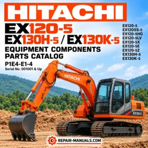 Hitachi EX120-5 EX130H-5 EX130K-5 excavator equipment components parts catalog P1E4-E1-4 cover featuring an orange Hitachi tracked excavator