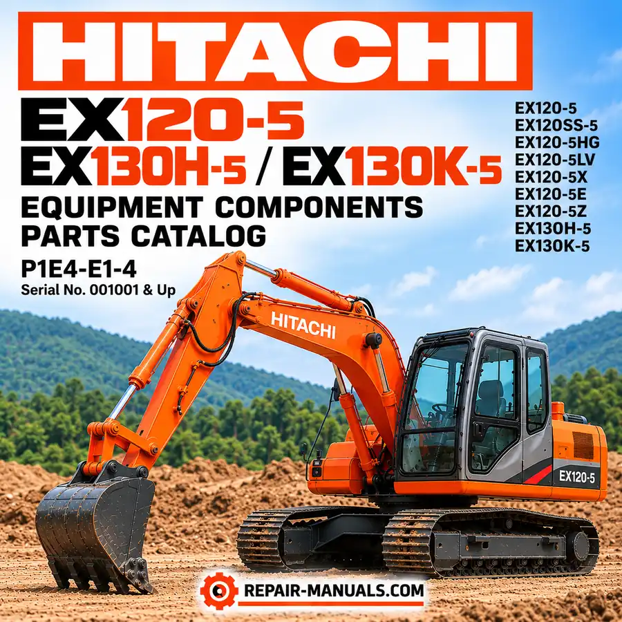 Hitachi EX120-5 EX130H-5 EX130K-5 excavator equipment components parts catalog P1E4-E1-4 cover featuring an orange Hitachi tracked excavator