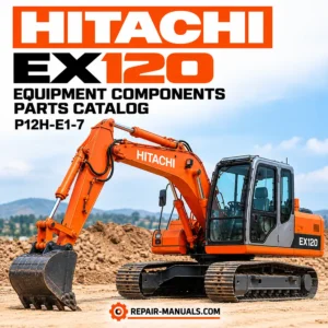 Hitachi EX120 excavator equipment components parts catalog P12H-E1-7 cover featuring an orange Hitachi tracked excavator