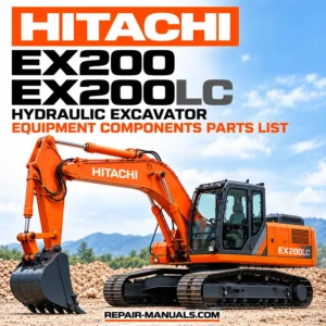 Hitachi EX200 and EX200LC Hydraulic Excavator Equipment Components Parts List PDF cover featuring an orange tracked excavator