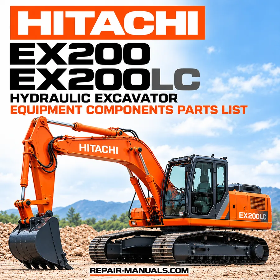 Hitachi EX200 and EX200LC Hydraulic Excavator Equipment Components Parts List PDF cover featuring an orange tracked excavator