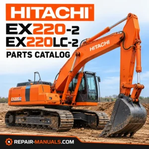 Hitachi EX220-2 and EX220LC-2 hydraulic excavator parts catalog PDF cover featuring an orange Hitachi crawler excavator