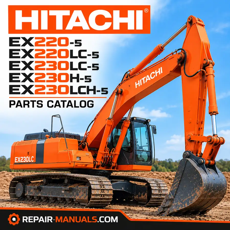 Hitachi EX220-5, EX220LC-5, EX230LC-5, EX230H-5 and EX230LCH-5 hydraulic excavator parts catalog cover featuring an orange Hitachi crawler excavator