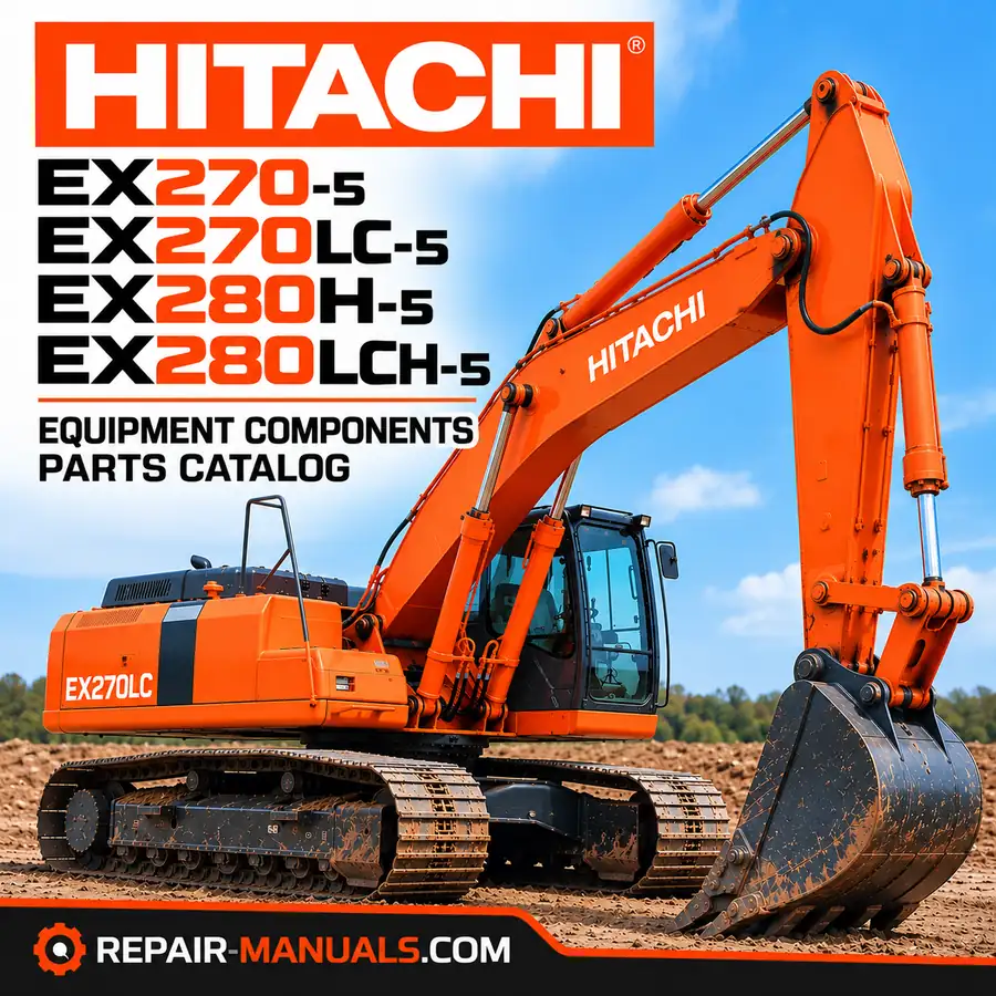 Hitachi EX270-5, EX270LC-5, EX280H-5 and EX280LCH-5 hydraulic excavator equipment components parts catalog cover featuring an orange Hitachi crawler excavator